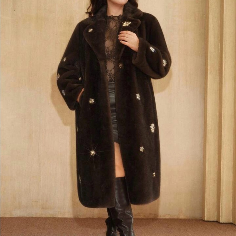 NWT - Women’s Rhinestone Embellished Brown Faux Fur Coat